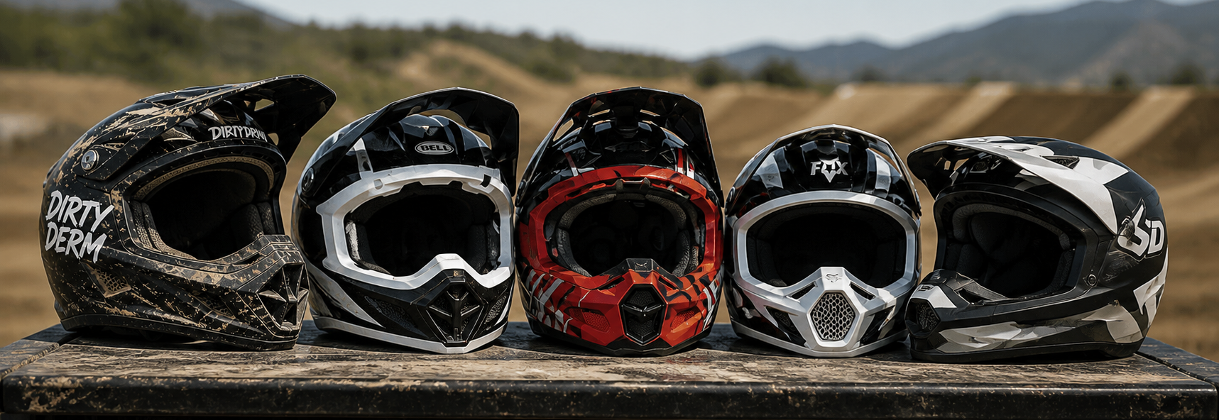 Motocross helmets lined up at outdoor dirt track representing helmet acne and athlete skincare by Dirty Derm.
